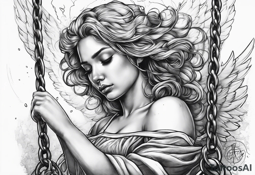 crying broken angel on swing tattoo idea