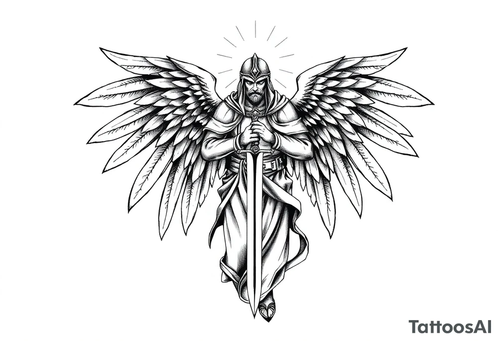 Holy Archangel, Biblical, Christianity, Hebrew, Guards of Christianity, Holding a sword, has six wings, wearing helmet, halo, seraphim, seek justice, walk only with God tattoo idea