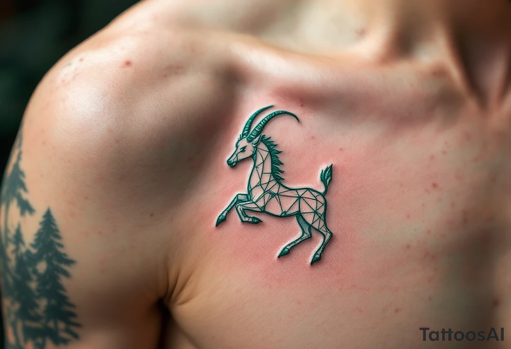 The Capricorn constellation is inked in white against a deep forest green to reflect the zodiac’s earth element. tattoo idea