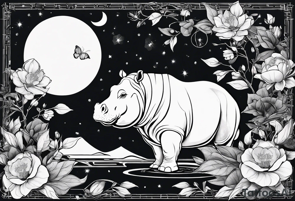 Very asymmetrical, +geometric pattern, with realistic full moon, with seeious looking hippo, with zen feel,
with wintersweet flower bud, +portrait orientation, +inkart touch, tattoo idea