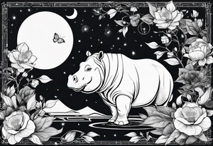Very asymmetrical, +geometric pattern, with realistic full moon, with seeious looking hippo, with zen feel,
with wintersweet flower bud, +portrait orientation, +inkart touch, tattoo idea