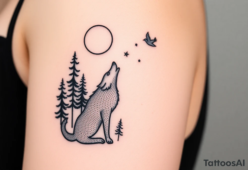 Lone wolf howling at the moon stars in the night sky in a forest with a little dove in the sky tattoo idea