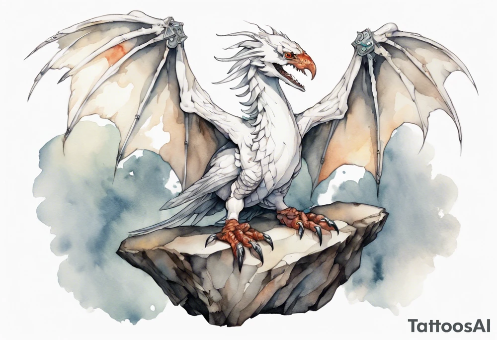a white bird-wyvern hybrid wearing a plain iron bracelet around leg, perched on a stone tattoo idea