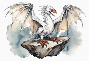 a white bird-wyvern hybrid wearing a plain iron bracelet around leg, perched on a stone tattoo idea