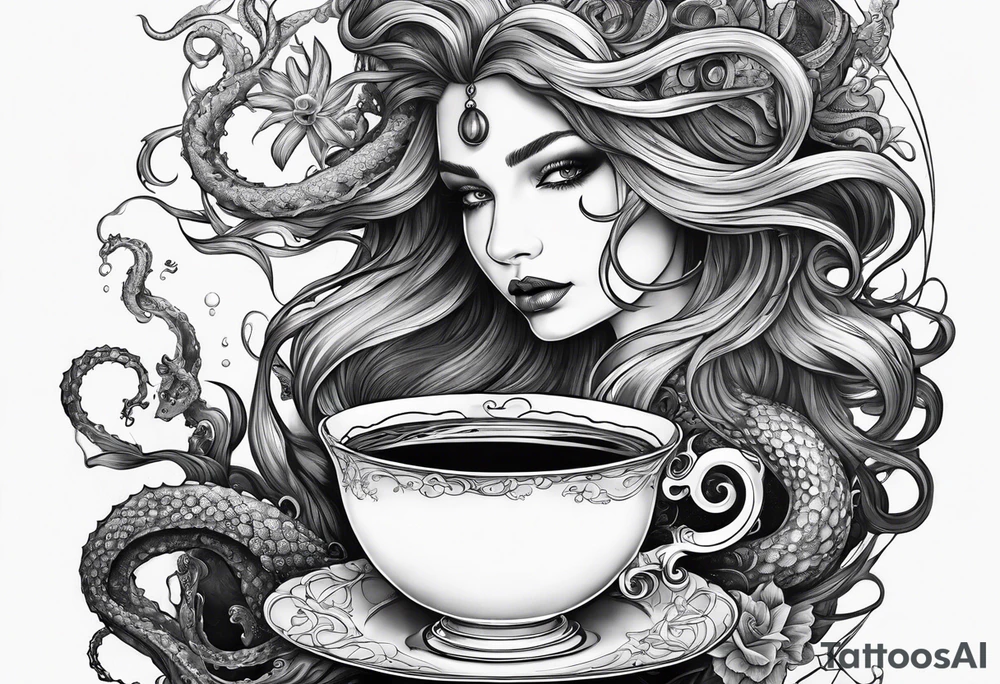 a sea witch with tentacles holding a teacup tattoo idea