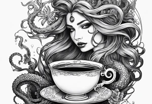 a sea witch with tentacles holding a teacup tattoo idea