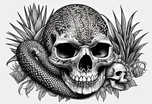 Western diamond back rattlesnake coming through a skull located in the desert with agave plants and scorpions tattoo idea