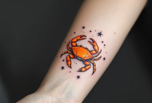A vibrant orange crab rests at the center of the Cancer star constellation pattern on a muted charcoal background. tattoo idea