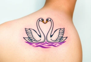 Two swans in graceful white with golden beaks, forming a heart with their necks, floating on a shimmering lavender-hued lake tattoo idea