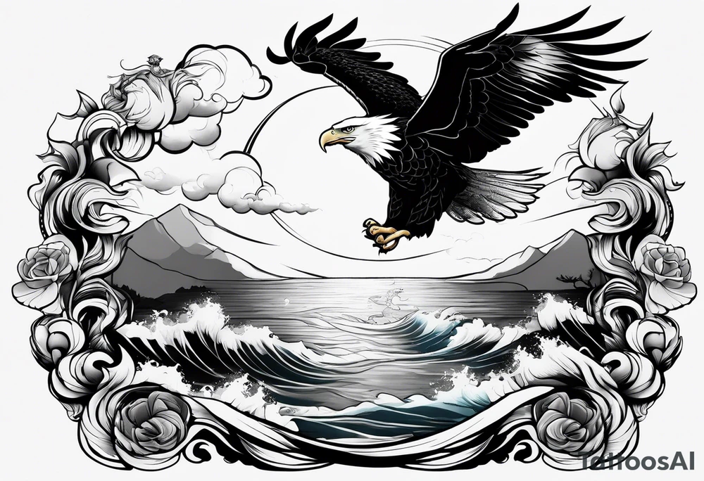 Eagle holding a lion flying over the sea tattoo idea
