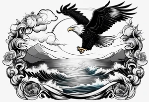 Eagle holding a lion flying over the sea tattoo idea