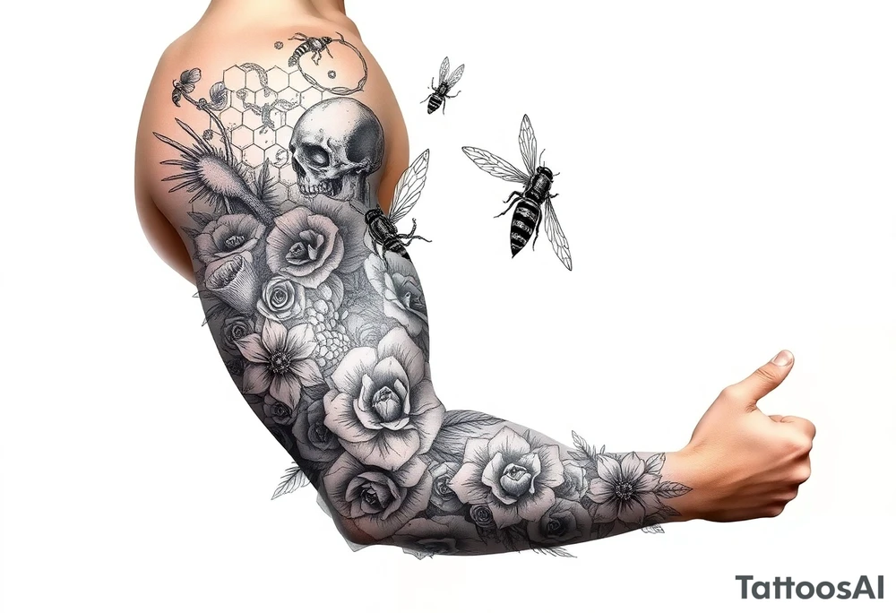 sea creatures,
 honey comb, bees, and roses tattoo idea