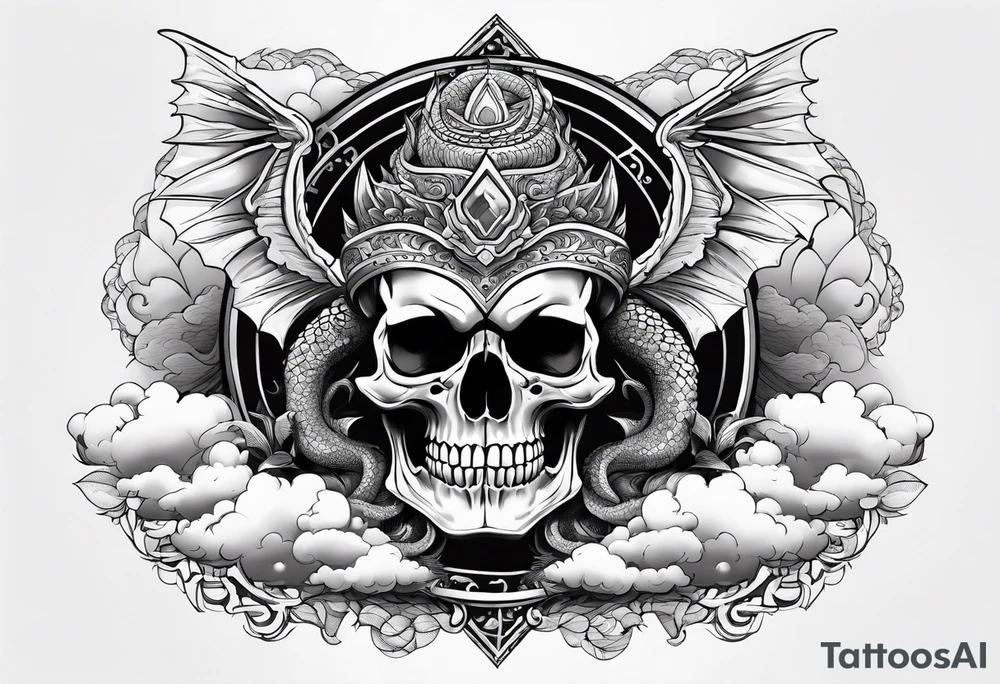 Powerful Majestic skull on top of dragon with clouds on boarder tattoo idea