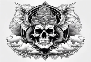 Powerful Majestic skull on top of dragon with clouds on boarder tattoo idea