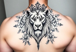powerful majestic lion with a crown, surrounded by floral ornaments and birds tattoo idea