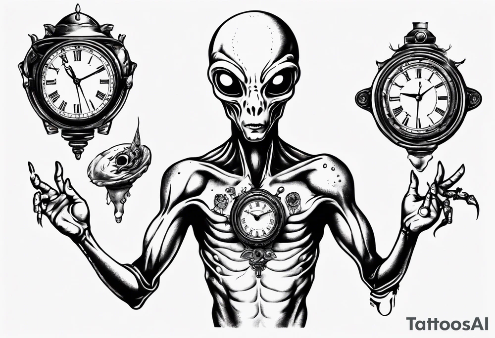 Alien holding a clock tattoo idea