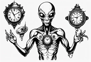 Alien holding a clock tattoo idea