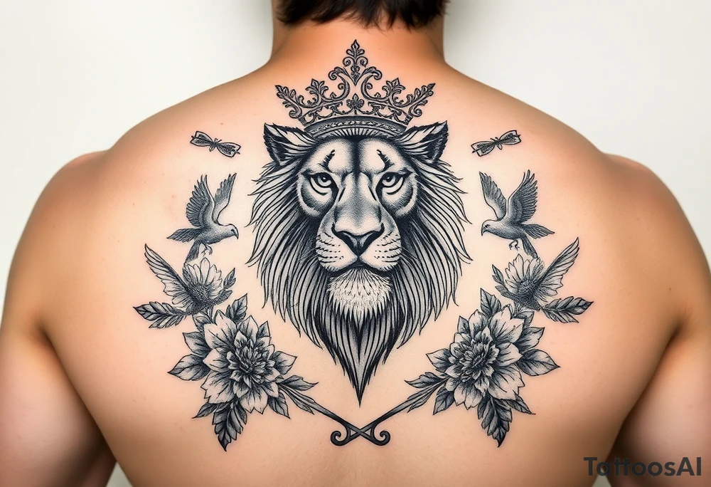 powerful majestic lion with a crown, surrounded by floral ornaments and birds tattoo idea
