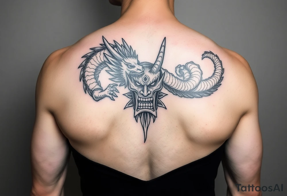 Divine dragon fighting
 a evil oni mask tattoo idea