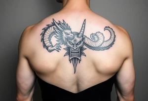 Divine dragon fighting
 a evil oni mask tattoo idea