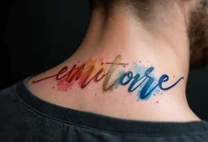 Watercolor script fading from red to gold to blue, symbolizing emotional progression. tattoo idea