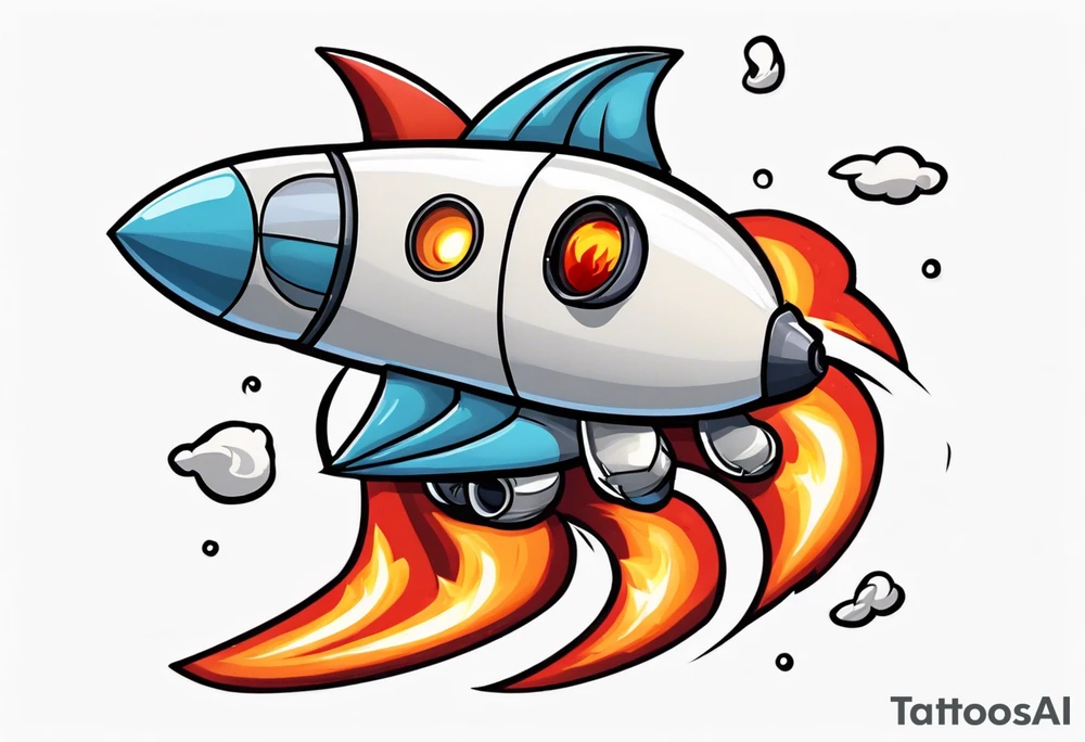 Super simple cartoon rocket ship with a round window, 3 fins, and fire coming out the bottom

Add some shading, color, and detail to make less basic tattoo idea