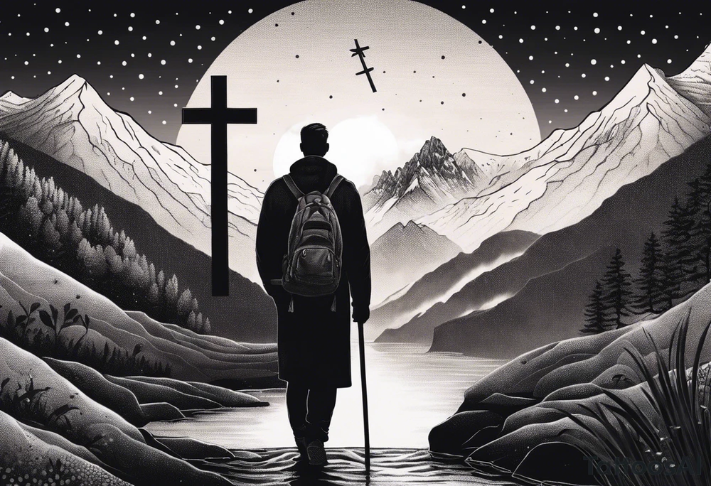 a father and son in the mountains with  a waterfall and cross in the background and a sunset tattoo idea