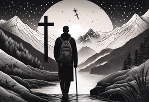 a father and son in the mountains with  a waterfall and cross in the background and a sunset tattoo idea