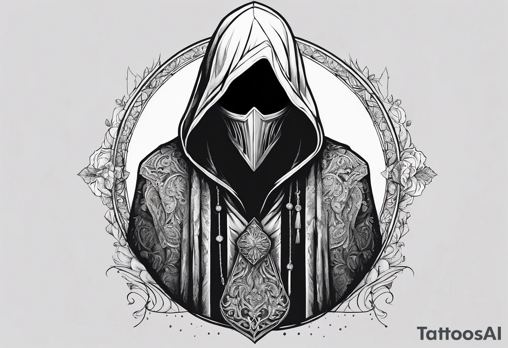 Hooded figure with no face carrying wooden staff with gem on top and wearing a long tattered cloak tattoo idea