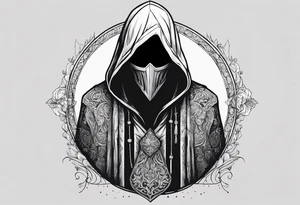 Hooded figure with no face carrying wooden staff with gem on top and wearing a long tattered cloak tattoo idea