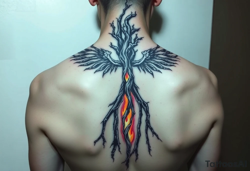 1. “Burnt Offerings”
Theme: Healing through destruction.
Visual: Charred tree roots climbing up your spine, turning into flames halfway, then slowly transforming into skeletal wings—unfinished, like you stopped mid-rebirth. The middle of the spine glows dimly, like coals never fully put out.
Vibe: You survived, but not clean. You carry the burn. tattoo idea