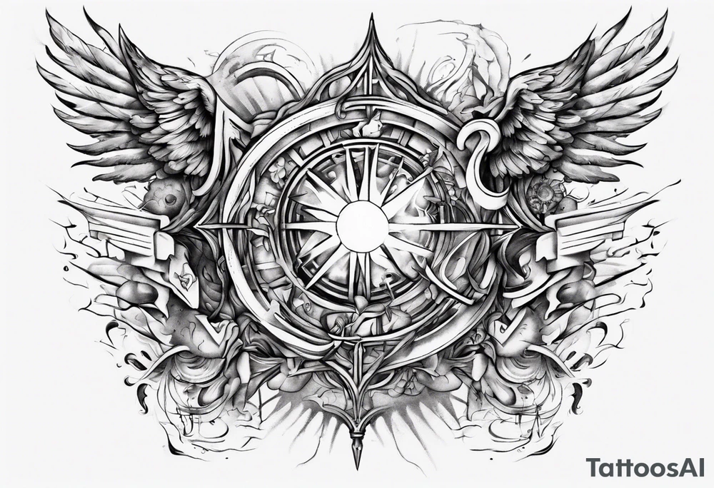 Chest tatoo abstraction with sun and letters and angels tattoo idea