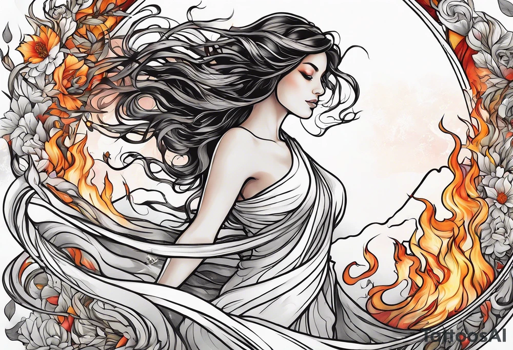 Resurrection Beautiful Woman walking through fire and chaos to inner peace and self-love  ethereal tattoo idea