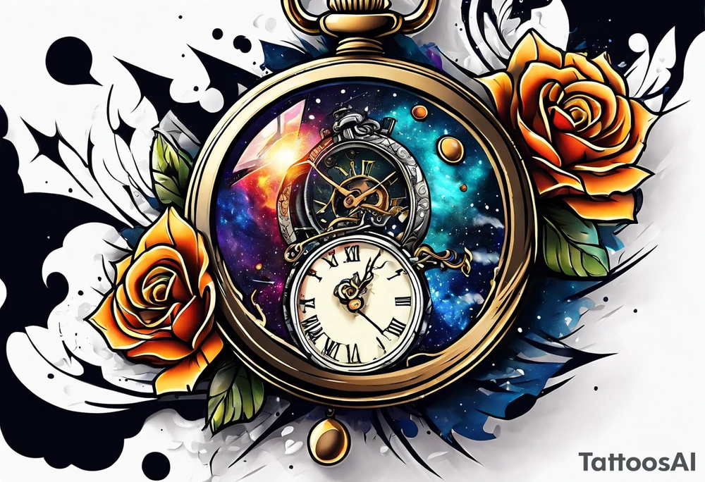 broken pocket watch galaxy shattered tattoo idea