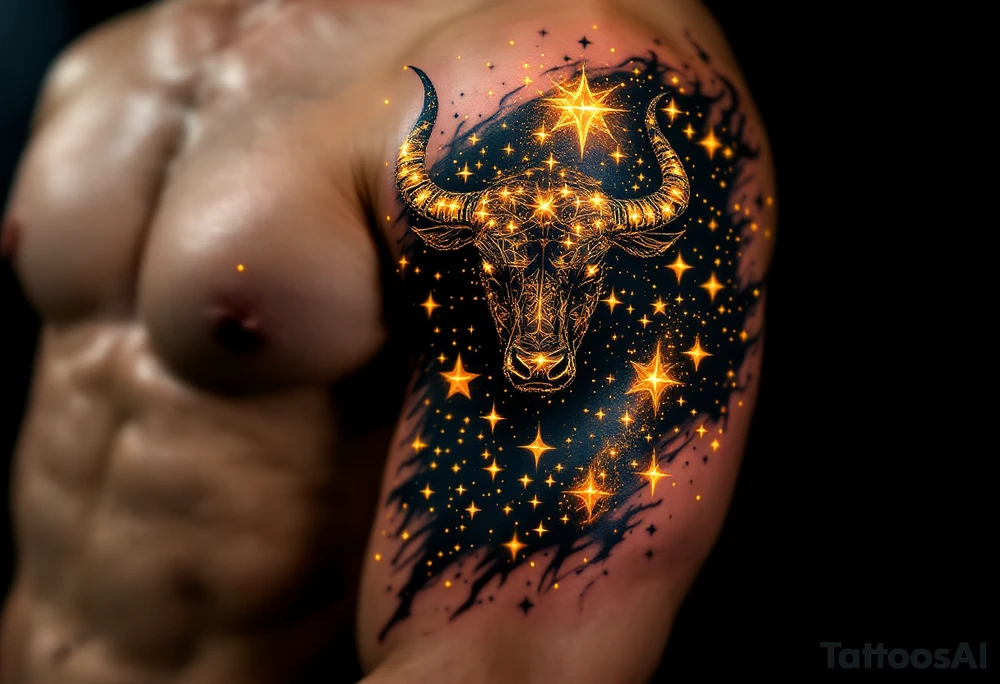 The bull made of Taurus stars charges silently, glowing with golden persistence through a navy sky. tattoo idea