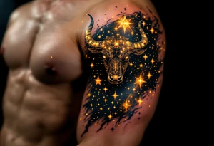 The bull made of Taurus stars charges silently, glowing with golden persistence through a navy sky. tattoo idea