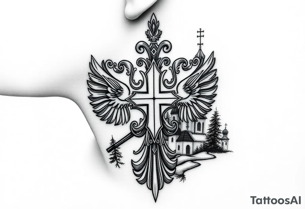 russian coat arms in a russian christian orthodox cross with the cross in the middle with a virgin mary & orthodox dome church on the side of the neck in a wilderness setting tattoo idea