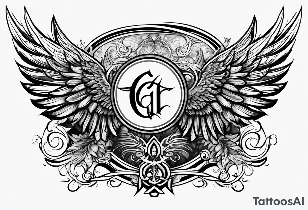 the word Glenn on a banner and angel wings tattoo idea