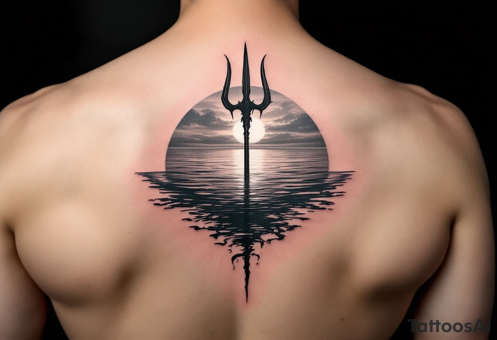 trident half way under calm water with mermaid at sunset tattoo idea