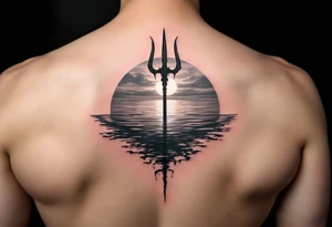 trident half way under calm water with mermaid at sunset tattoo idea