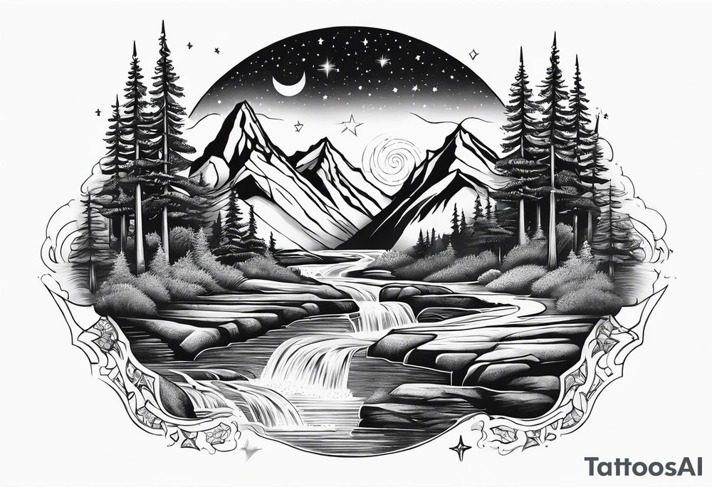mountains, nature, stars, cross, waterfall, water tattoo idea