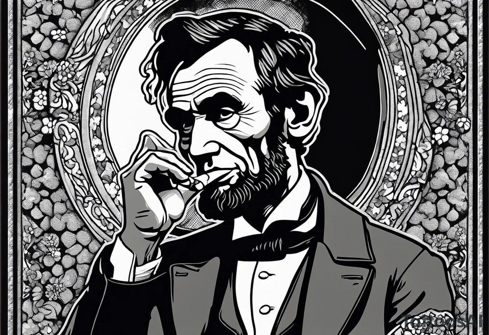 Abraham Lincoln smoking a cigar  in a flowered suit jacket doing karate poses like karate kid tattoo idea