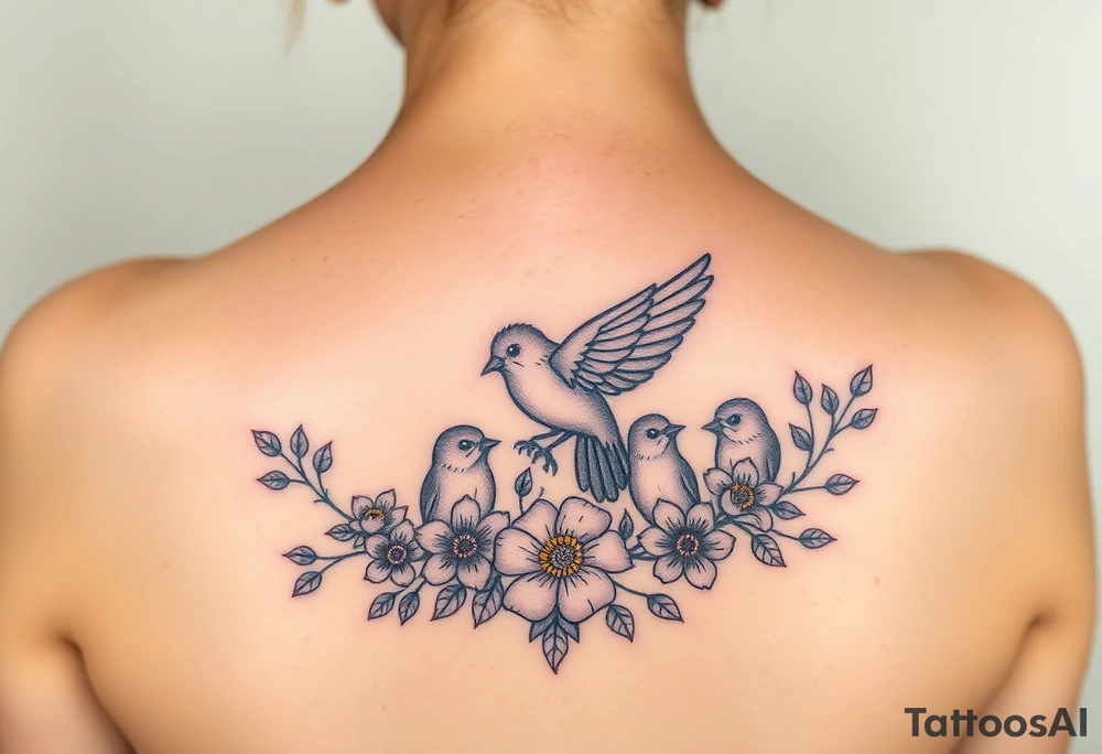Mom bird and three baby birds with flowers tattoo idea