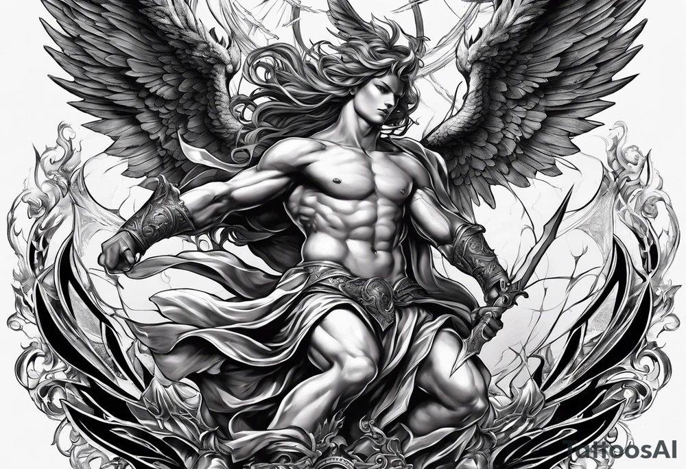 Create a dynamic tattoo of an angel and a demon engaged in a fierce battle, symbolizing the eternal struggle between good and evil within oneself. tattoo idea