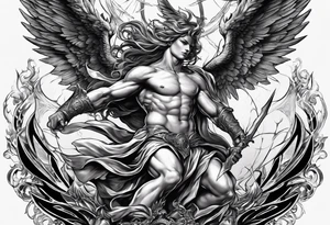 Create a dynamic tattoo of an angel and a demon engaged in a fierce battle, symbolizing the eternal struggle between good and evil within oneself. tattoo idea