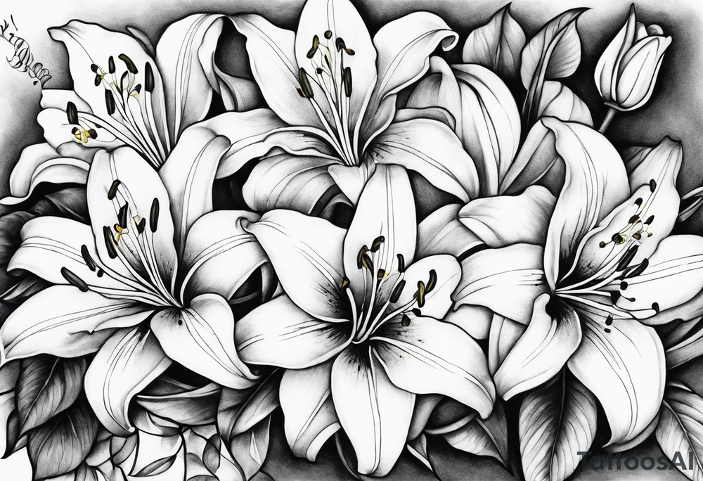 5 lilies and cherry blossom branch tattoo idea