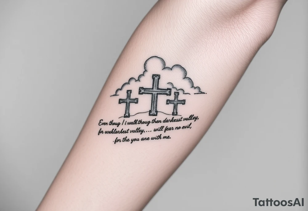 3 crosses, clouds, even though I walk through the darkest valley, I will fear no evil, for you are with me tattoo idea