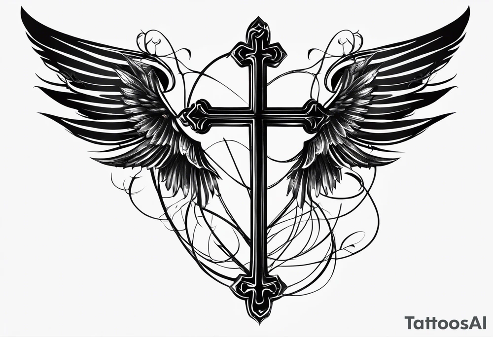 I need a tattoo in minimalism, the main element will be a cross, which should have angel wings, and barbed wire runs from top to bottom along the cross tattoo idea