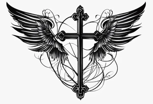 I need a tattoo in minimalism, the main element will be a cross, which should have angel wings, and barbed wire runs from top to bottom along the cross tattoo idea