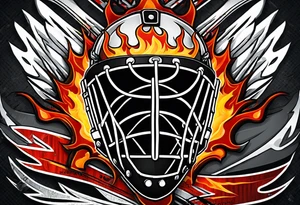 puck hitting a goalie mask with crossed hockey sticks in the background and flames that says "SHOT HOCKEY" tattoo idea